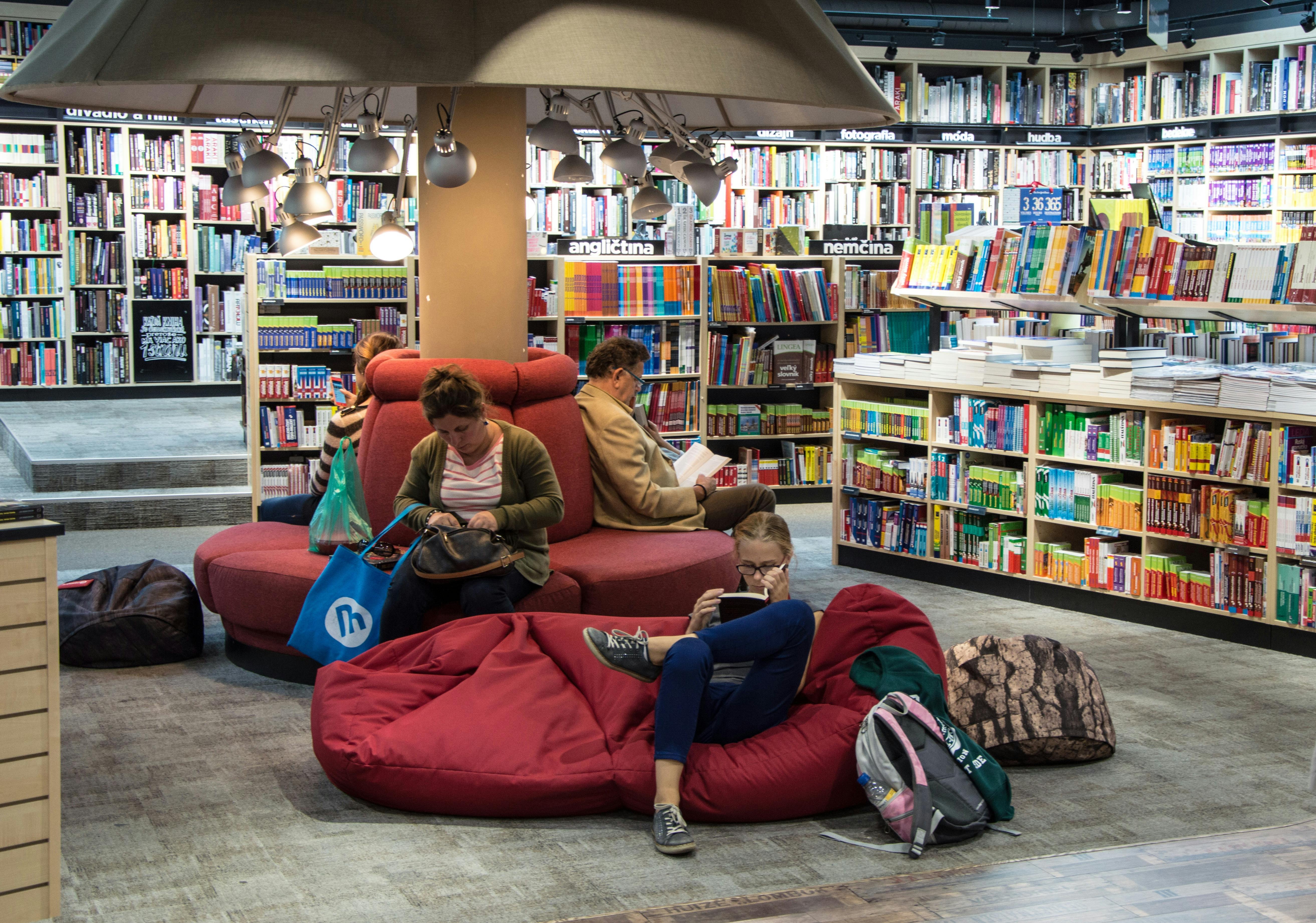 Cozy bookstore interior with comfortable reading chairs